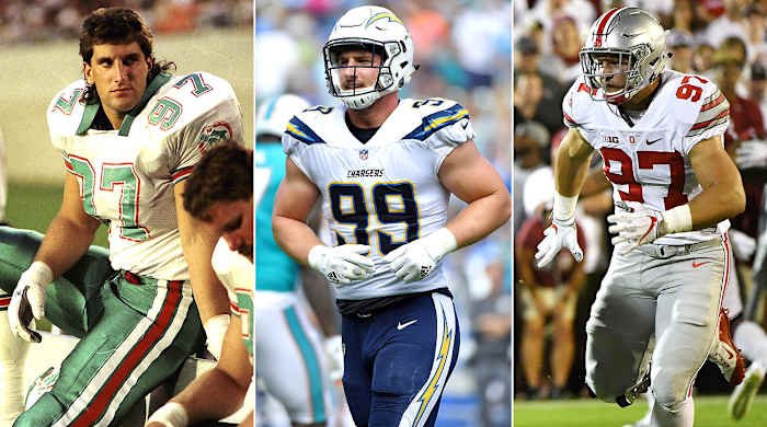 John Bosa (left) was a first-round draft pick by the Dolphins, but fizzled out after a knee injury. Joey (center) is in his second year with the Chargers and Nick (right) is a sophomore with Ohio State.